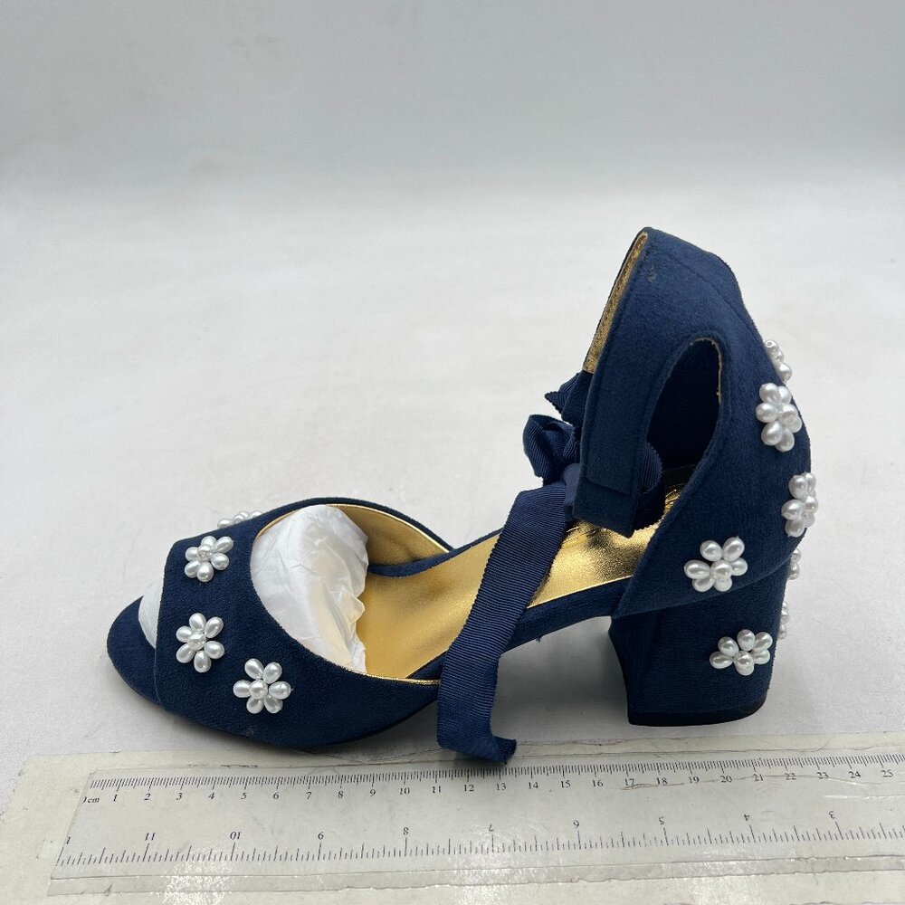 XYD Navy Open Toe Sandals with Bloom Pearl Flower Ribbon Ankle Strap Shoes